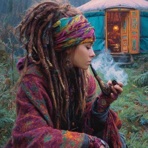 May include: A person with dreadlocks wearing a colorful headscarf and patterned coat smokes a pipe. A yurt is in the background. The scene is set in a forest with a mystical, bohemian vibe.