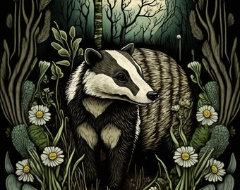 Badger Tile Cross Stitch Pattern: Floral Wildlife (PDF Pattern)