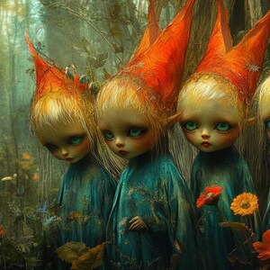 Puede incluir: Cuatro muñecas de porcelana con sombreros puntiagudos naranja y rojo y vestidos azules se encuentran en un entorno de bosque. Las muñecas tienen el pelo largo y rubio y ojos grandes y expresivos.