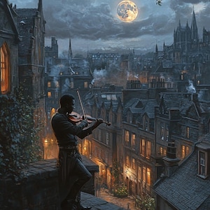 May include: A man plays a violin on a rooftop overlooking a city at night. The moon is full and bright in the sky. The city is lit up with streetlights and windows.