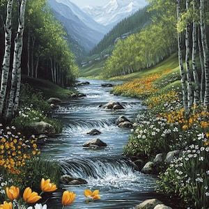 May include: A painting of a mountain stream flowing through a lush green valley. The stream has a small waterfall and is surrounded by rocks and wildflowers. The mountains in the background are snow-capped and the sky is blue.