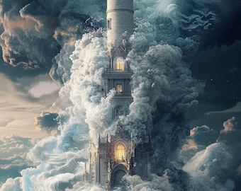 May include: A tall white lighthouse with a bright light shining from the top, surrounded by swirling clouds and crashing waves.