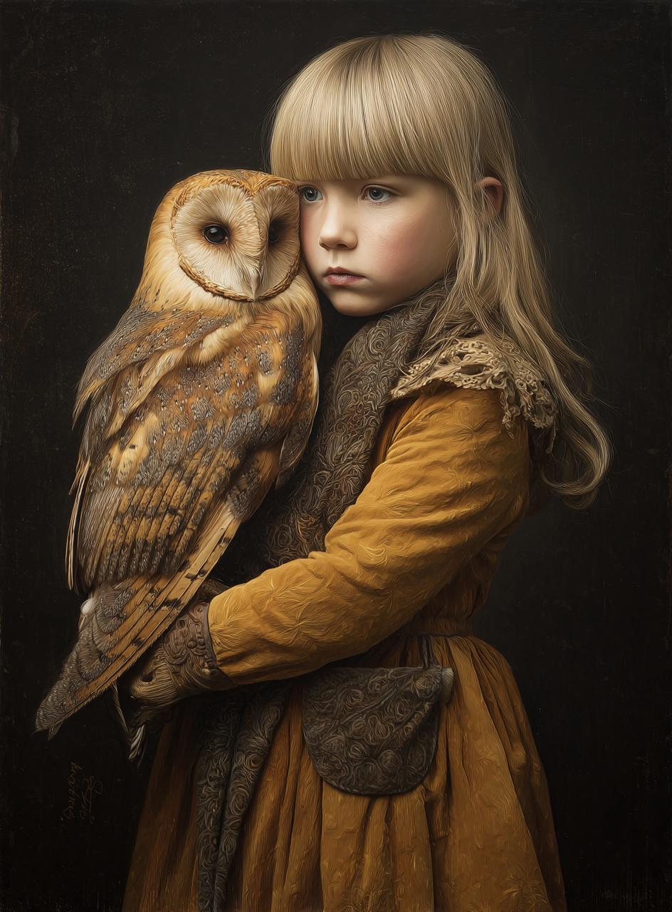 Blonde Girl Holding a Barn Owl cross stitch pattern. Instant PDF Download. 54,200 Stitches.