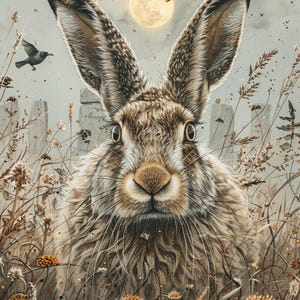 May include: A close-up of a brown hare with large ears, looking directly at the viewer. The hare is surrounded by tall grasses and wildflowers, with a full moon in the background.