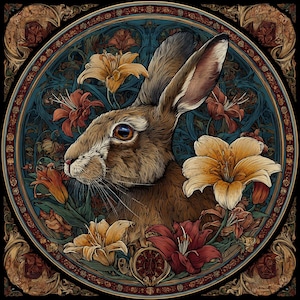 Puede incluir: Ilustración detallada de un conejo marrón con largas orejas, rodeado de lirios naranjas y amarillos sobre un fondo turquesa. La obra de arte está enmarcada en un círculo ornamentado, con un estilo vintage.