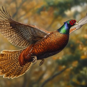 May include: A pheasant with brown, orange, and black feathers is in flight with its wings spread wide. The bird has a green and blue neck and a red head. The pheasant is flying against a blurry background of brown, green, and yellow.