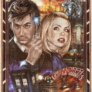 May include: A vintage-style poster for the television show Doctor Who, featuring the 10th Doctor and Rose Tyler. The poster has a red and gold color scheme and features the text "Doctor Who" and "Exterminate!" in a bold font.