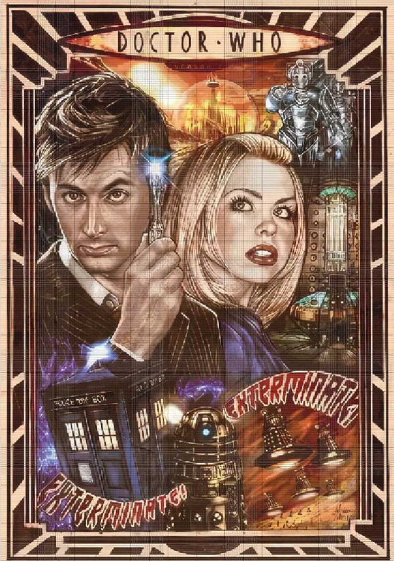 May include: A vintage-style poster for the television show Doctor Who, featuring the 10th Doctor and Rose Tyler. The poster has a red and gold color scheme and features the text "Doctor Who" and "Exterminate!" in a bold font.