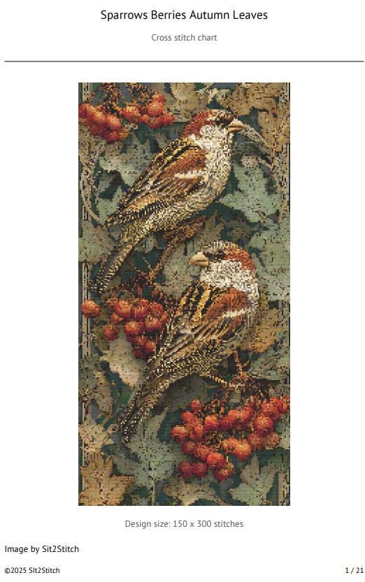 Sparrows Berries Autumn Leaves Cross Stitch Pattern. Instant PDF ...