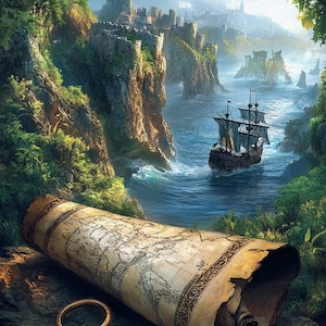 Schateiland kaart goud piratenschip kruissteekpatroon. Directe pdf-download. 53.000 steken.