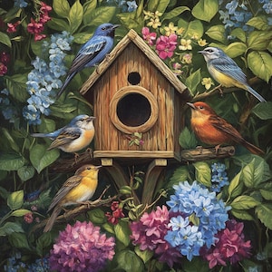 Garden Birds, Bird House cross stitch pattern. Instant PDF Download. 62,500 Stitches.