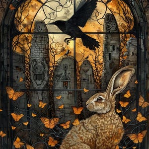 May include: A brown rabbit sits in a dark, overgrown garden with a stained glass window behind it. The window depicts a black crow flying against a sunset backdrop. The garden is filled with orange butterflies.