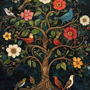 Peut inclure: Illustration vibrante d'un arbre orné d'oiseaux et de fleurs colorées. Le tronc et les branches sont bruns, avec des feuilles vertes et des fleurs rouges, roses, jaunes et blanches. Plusieurs oiseaux de différentes couleurs sont perchés.