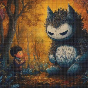May include: A small boy with brown hair and a blue jacket stands in a forest setting. He is looking at a large, furry, blue creature with a white face and a black mask. The creature has a menacing expression, but the boy seems unafraid.