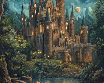 May include: A detailed painting of a castle at night. The castle is made of stone and has many towers and windows with warm light. A full moon and stars are in the night sky. The castle is reflected in the water below.