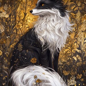 Könnte beinhalten: Digitalgemälde eines Fuchses mit schwarz-weißem Fell, der inmitten goldener Blätter sitzt. Der Fuchs hat leuchtend gelbe Augen und einen flauschigen weißen Schwanz. Der Hintergrund ist reich an Goldtönen mit floralen Akzenten.
