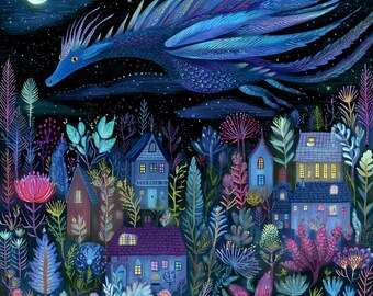 Blue Fantasy Dragon Flying Over Village cross stitch pattern. Instant PDF Download. 62,500 Stitches.