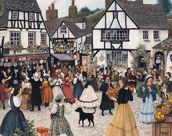 May include: A colorful painting depicting a bustling market scene in a medieval village.  People are gathered in the street, shopping for goods and socializing.  There are buildings with white walls and black timber framing, and a variety of stalls selling produce, flowers, and other items.  The painting is full of life and energy, and captures the vibrant atmosphere of a medieval market.