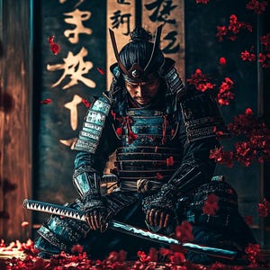Pode incluir: Um guerreiro samurai em armadura completa senta-se com uma katana na frente de uma porta de madeira escura com caligrafia japonesa. Pétalas de flores vermelhas caem ao seu redor.