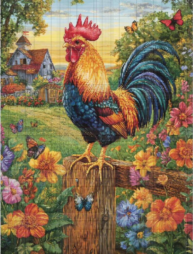 Rooster Cockerel Chicken Farm Flowers Cross Stitch Pattern. Instant PDF ...