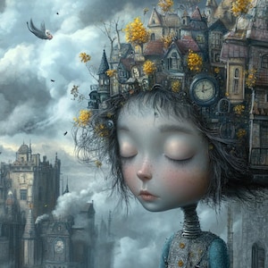 Puede incluir: Ilustración artística de una niña con los ojos cerrados, adornada con un paisaje urbano en la cabeza. La obra presenta una paleta de colores apagados y un estilo caprichoso, con un reloj integrado en los elementos arquitectónicos. Un pájaro vuela en el cielo nublado.
