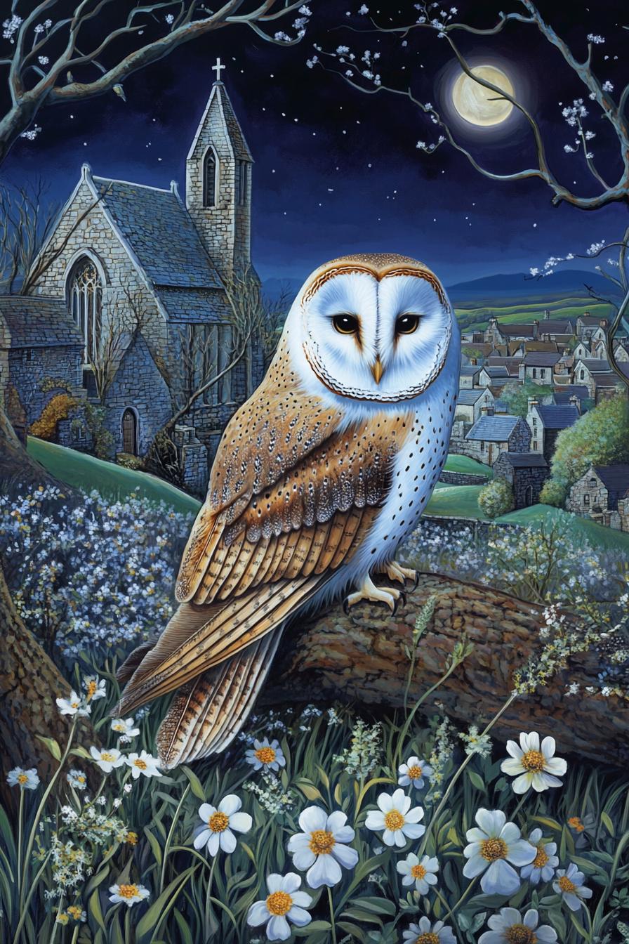 Barn Owl Church Yard Spring Night cross stitch pattern. Instant PDF Download. 60k Stitches.