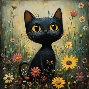 Puede incluir: Una ilustración caprichosa de un gato negro con grandes ojos amarillos, sentado en medio de coloridas flores silvestres. El gato tiene un pelaje negro y liso y está rodeado de margaritas y otras flores en tonos rosas, amarillos y blancos. El fondo tiene una calidad suave y pictórica.