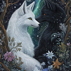 Può includere: Una volpe bianca e una volpe nera si fronteggiano in una foresta innevata. Le volpi sono circondate da fiori e alberi. Lo sfondo è un cielo notturno stellato con un'aurora boreale verde.