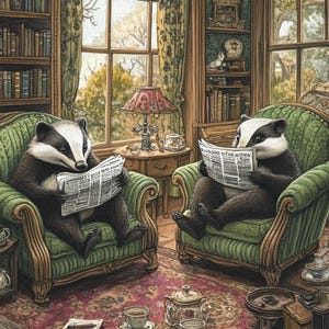Peut inclure: Deux blaireaux portant des costumes sont assis dans des fauteuils en lisant des journaux dans un salon confortable. La pièce a un tapis vert, une fenêtre avec des rideaux, une bibliothèque et une théière et des tasses à thé sur une table.