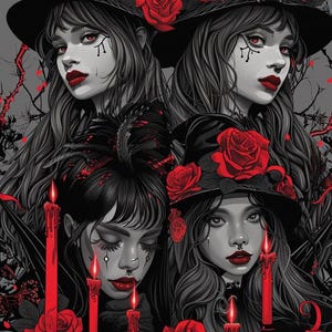 Goth Witch with Red Roses Cross Stitch Pattern. Instant PDF Download. 60k Stitches
