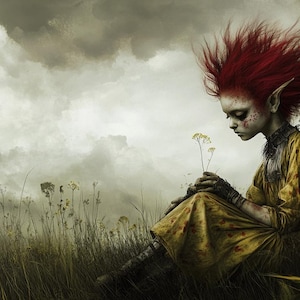 Puede incluir: Una niña con el pelo rojo y un vestido amarillo se sienta en un campo de hierba alta. Está sosteniendo un pequeño ramo de flores blancas y mirándolas. El cielo está nublado y gris.