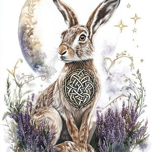 Patrón de punto de cruz de liebre celta marrón entre brezos. Descarga instantánea en PDF. 60 000 puntadas.