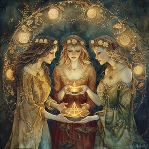 Puede incluir: Tres mujeres con túnicas fluidas, adornadas con coronas de flores, se paran sobre un fondo de enredaderas en espiral y lunas brillantes. Cada mujer sostiene un pentagrama brillante en sus manos, creando una escena mística y etérea.