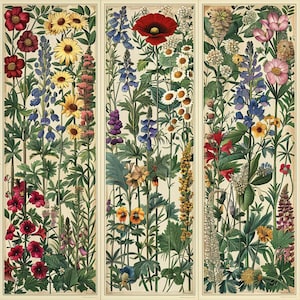 以下が含まれることがあります： 色とりどりの花々が描かれたトリプティクのフローラルプリント。ヒマワリ、ポピー、デイジー、その他の花が赤、黄、青、ピンクの色合いで描かれています。花はクリーム色の背景に配置されています。