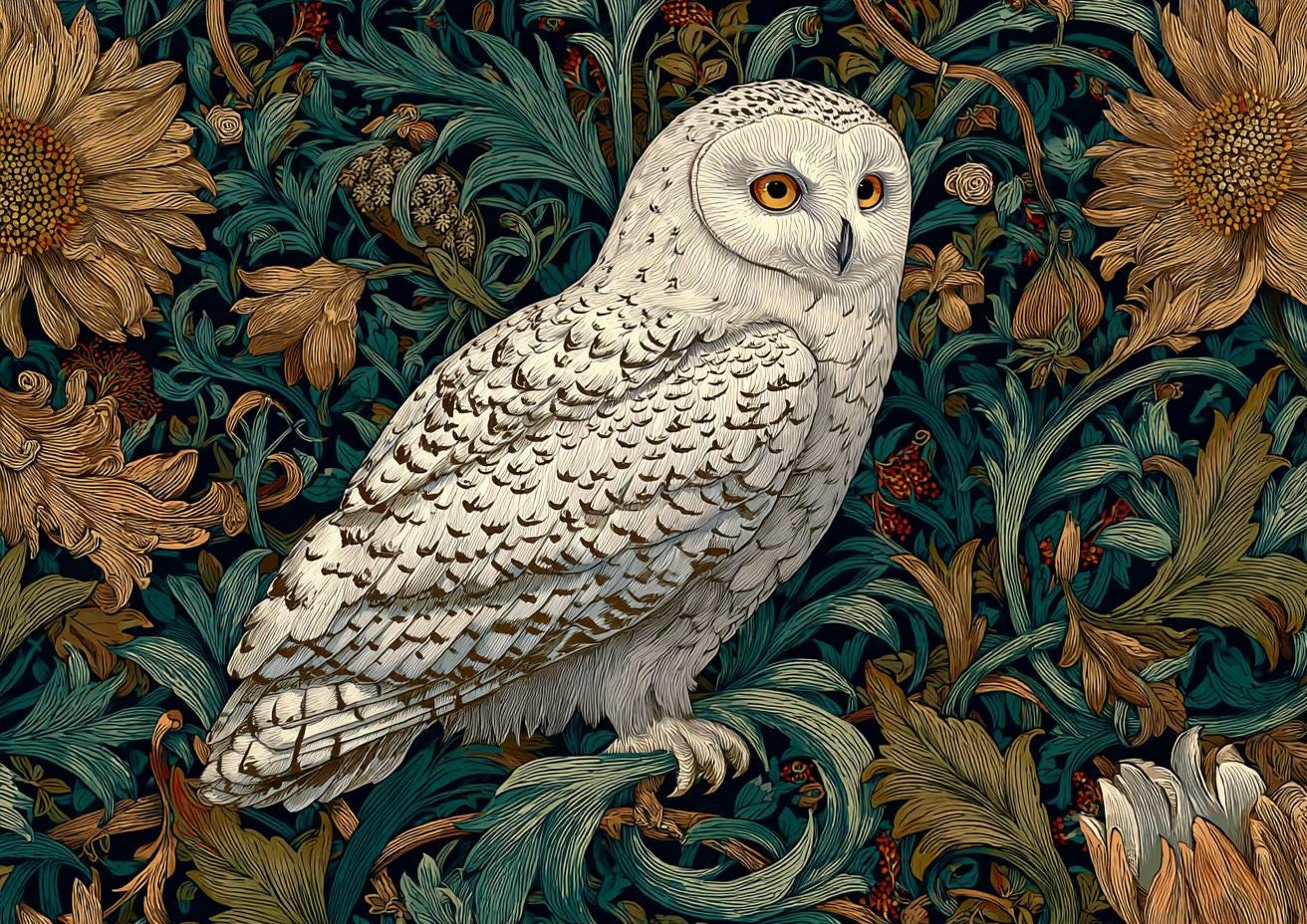 Snowy Owl Floral William Morris Style Cross Stitch Pattern. PDF Download. 63,600 Stitches.
