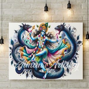 Lord Krishna Dancing on Kaliya Naag Digital Print Wall Art - Illustration Sanatan History Hinduism Spirituality God Instant Download Gift