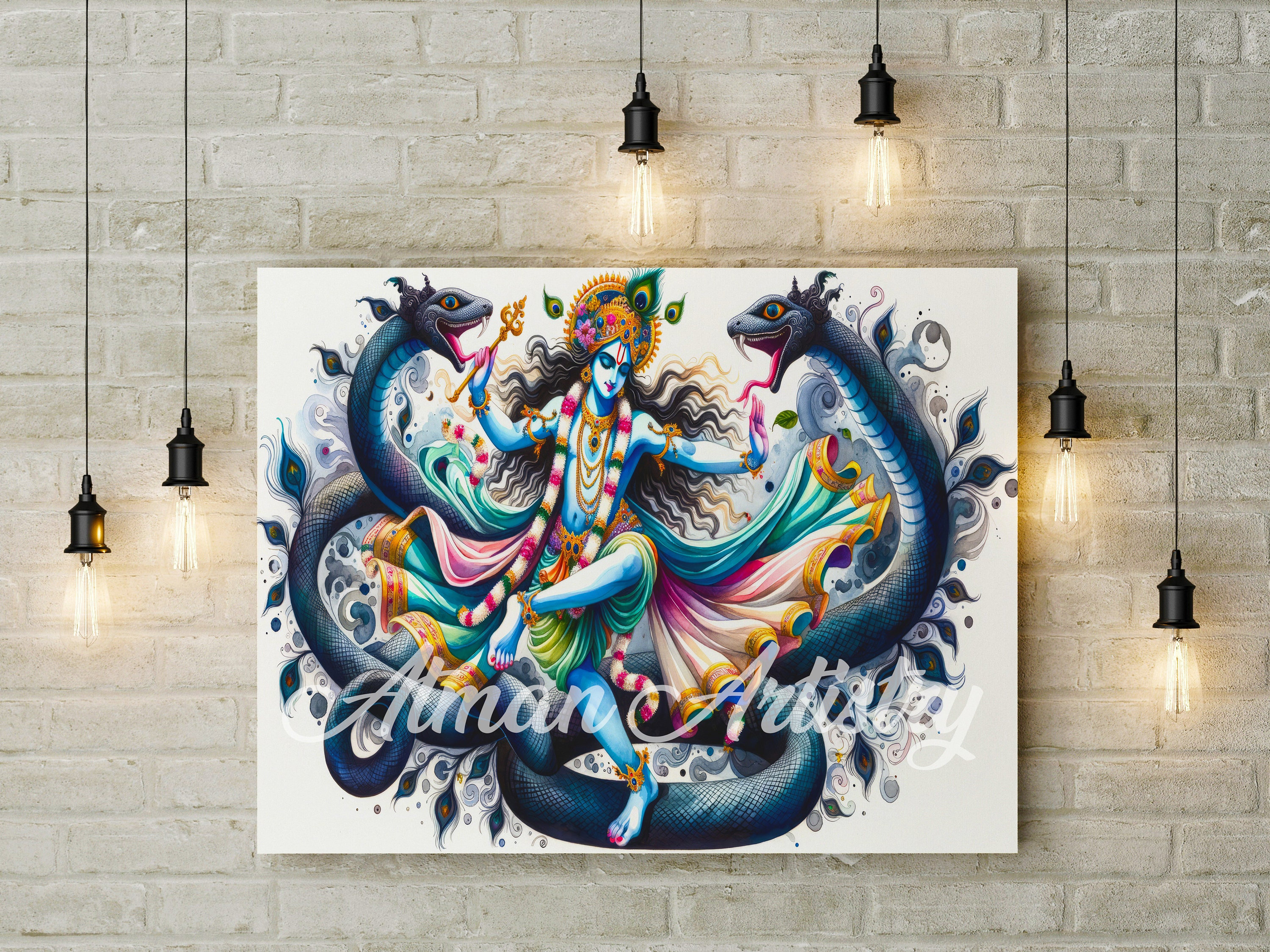 Lord Krishna Dancing on Kaliya Naag Digital Print Wall Art - Illustration Sanatan History Hinduism Spirituality God Instant Download Gift