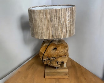 Handcrafted Teak Table Lamp, MCM Rustic Uplight, Bedside Decor