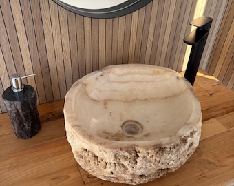 ONIX  SINK, Natural Vessel Stone Wash Basin Sink, Vintage Farmhouse Sink, Above Counter Sink, Rustic Handcrafted Sink Custom