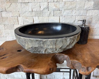 Black Andesite Stone Sink – Handmade Polished Vessel Basin