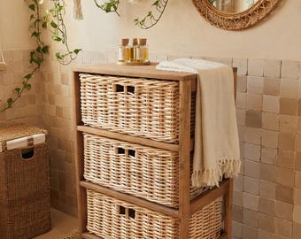 Teak Bathroom Cabinet with Wicker Drawers, Boho Storage Unit, Rattan Organizer, Wooden Bathroom Furniture, Natural Home Decor