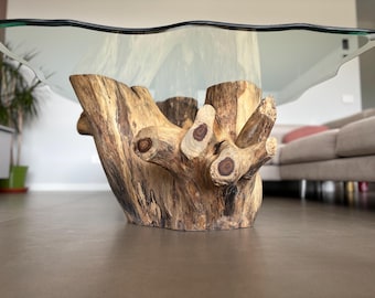 Handmade Live Edge Teak Coffee Table, Glass Top, Iron Legs