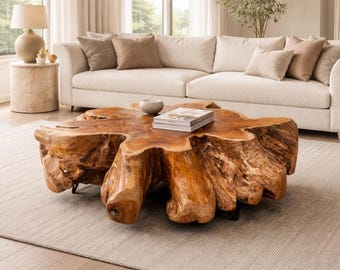 Teak Root Coffee Table – Organic Solid Wood Furniture – Modern Rustic Living Room Centerpiece