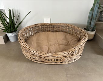 WICKER HUNDEBETT, Rattan Hundebett, Boho Rustikales Chic Hundebett, Krippenmatten Hundebett Korb, bequemes kuscheliges Haustierbett, Indoor Hundebett mit Kissen