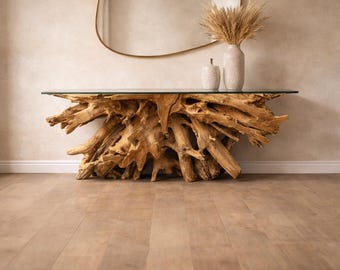 Teak Root Console Table with Glass Top | Natural Wood Sculpture Entryway Table | Boho Home Decor