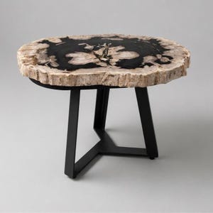 May include: A round side table featuring a polished petrified wood slab top with a natural, rough-textured bark edge. The surface displays a high-contrast black and cream-colored organic grain pattern. It is supported by a black metal base.