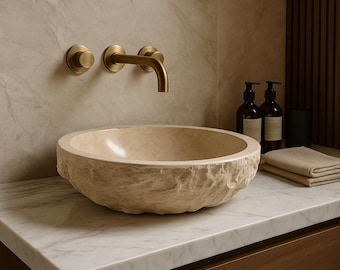 Beige Marble Stone Sink – Handmade Bathroom Basin