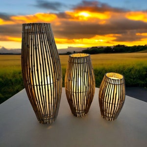 Standing Floor Wooden Lamp with Teak or Wicker Base, Boho Lamp Shade Floor Lamp, Unique, Rustic & Handcrafted Sculptural Floor Lamp