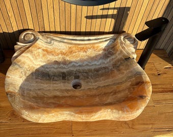 Hand Carved Onyx Sink – Sculptural Luxury Bathroom Basin – Unique Natural Stone Vessel Sink – Organic Designer Washbasin