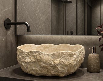 Beige Marble Bathroom Vanity Vessel Sink, Rough Textured Polished Interior Stone Above Counter Bowl Sink, Washroom Decor Wash Basin Handmade